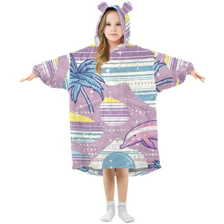 

joogoo Wearable Blanket Hoodie for Kids Pink Palm Tree and Dolphin Flannel Oversized Sweatshirt 3-14 Years M