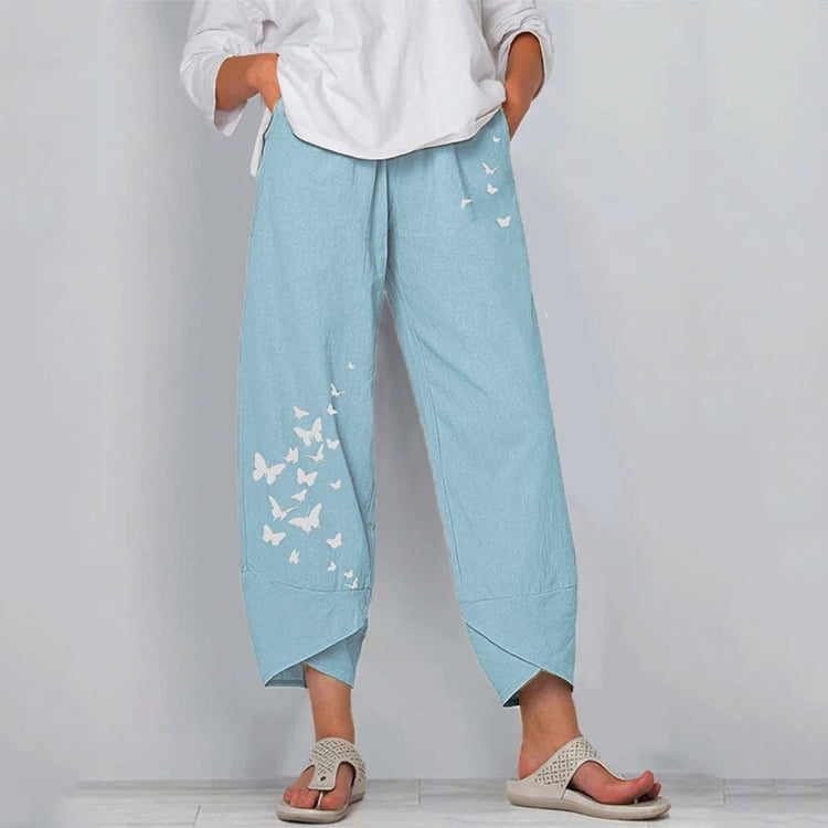 Women's Loose Cotton And Linen Butterfly Printed Wide-Leg Pants With ...