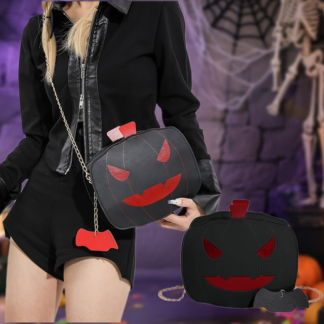 Bolso de calabaza de Halloween, de cuero, informal, tipo bandolera, con cadena