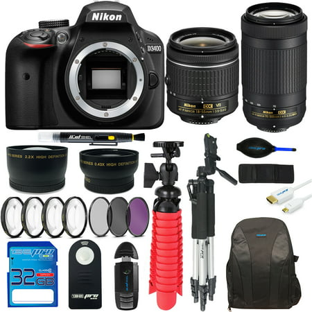 Nikon D3400 DSLR Camera with  Nikon AF-P DX NIKKOR 18-55mm f/3.5-5.6G VR Lens + Nikon AF-P DX NIKKOR 70-300mm f/4.5-6.3G ED Lens + Pixi Advanced Bundle