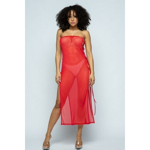 Solid Mesh Side Lace Up Cover Up Dress