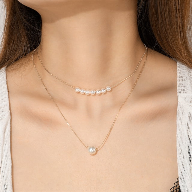 Fiudx Collar En Perlas, Cadet Anudda En Aleación, Accesorio En Doble Capa para Mujer, Ropa de Noche de Moda, Regalo Coleccionable En Niña, Longitudinal Ajustable En 40 Cm.
