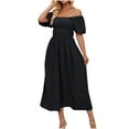 thumbnail image 1 of QIPOPIQ Robe Midi d'Été Décontractée pour Femme à Col en V, Manches Bouffantes, Épaules Dénudées, Taille Haute Smockée, Liquidation, 1 of 9