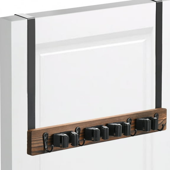 Lorbro Broom Holder Door Mount, Over the Door Broom and Mop Holder with 2 Over Door Hooks, Wood Broom Hanger, Tool Rack Organizer for Laundry, Garage, Closet, Kitchen Decor, 4 Slots & 4 Hooks Rustic