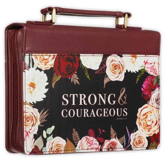 Christian Art Gifts Protective Faux Leather Fashion Bible Cover Carry Case with Handle for Women: Strong and Courageous - Joshua 1:9 Inspirational Bible Verse - Merlot Floral Rose Bouquet, Large
