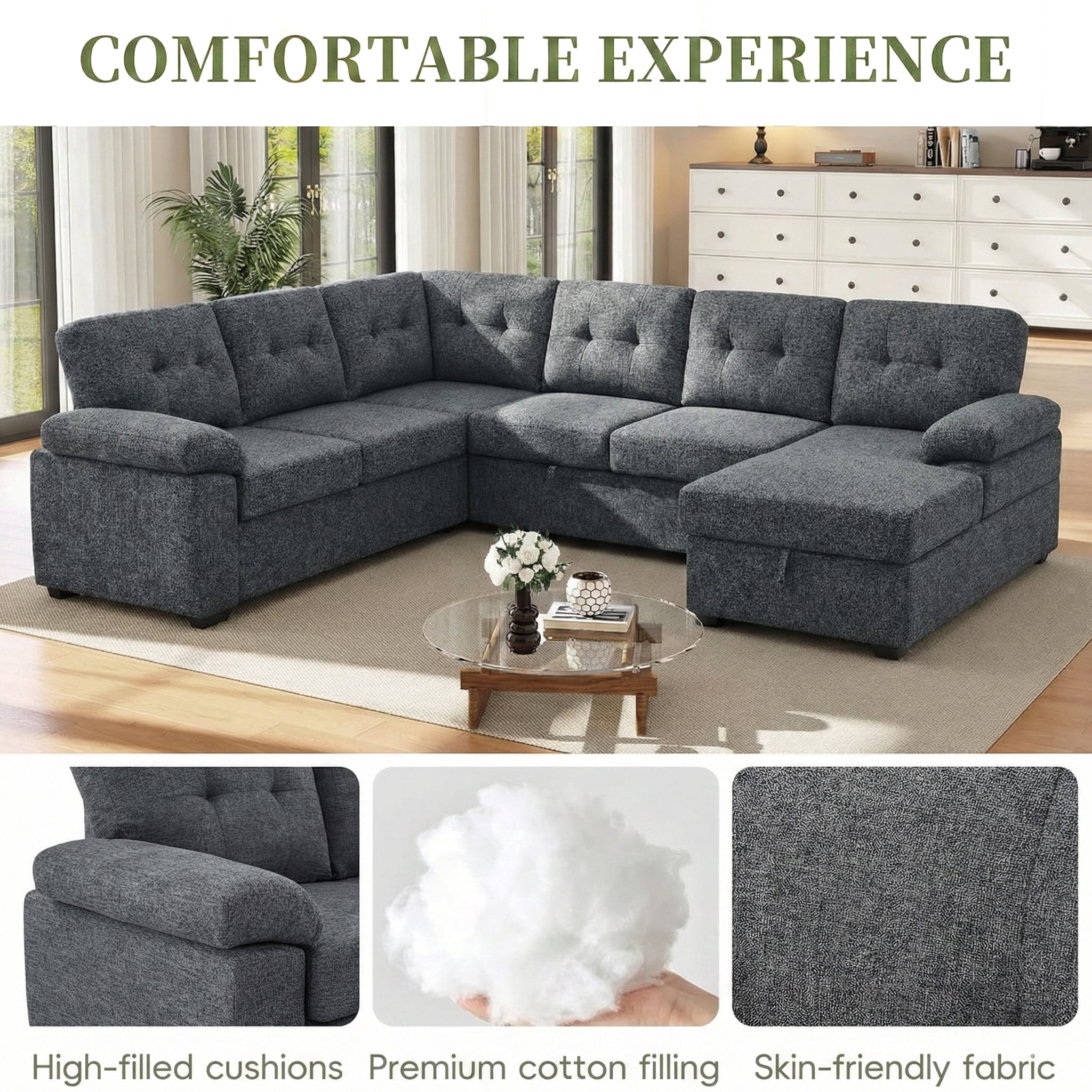 AENKYO U-Shaped Sectional Sleeper Sofa with Pull Out Bed, Linen Modular Couch with Storage for Living Room, Gray
