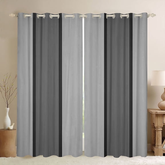 Homewish Geometric Striped Black Out Curtains,Modern Minimalist Lines Curtains Pack of 2 (42x63 Each),Gray Black Bedroom Curtains For Girls Kids,Luxury Bedroom Decor