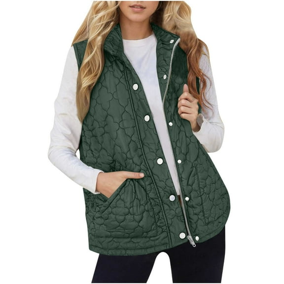 Hueook Womens Jackets Womens Ladies Winter Vests Sleeveless Fleece Jacket Zip Up Stand Collar Long Warm Drawstring Coat with Pockets Outerwear Green S