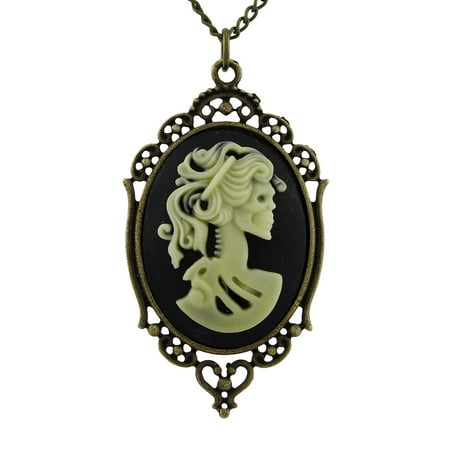 Victorian Skeleton Cameo Necklace with Burnished Gold Frame 30 In.
