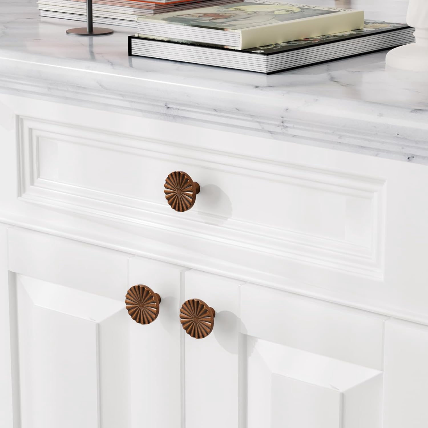 10 Pack Antique Brass Cabinet Knobs, 1-15/32 Inch (37.2mm) Drawer Pulls, Solid Round Single Hole Handles, Sunflower Vintage Door Knobs for Kitchen Cupboard, Chest of Drawers, Zinc Alloy
