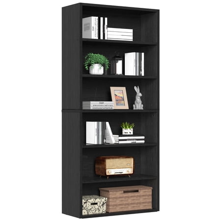 6-Tier Open Freestanding Wood Bookcase, Modern Display Storage, 63 Inch Tall, Black