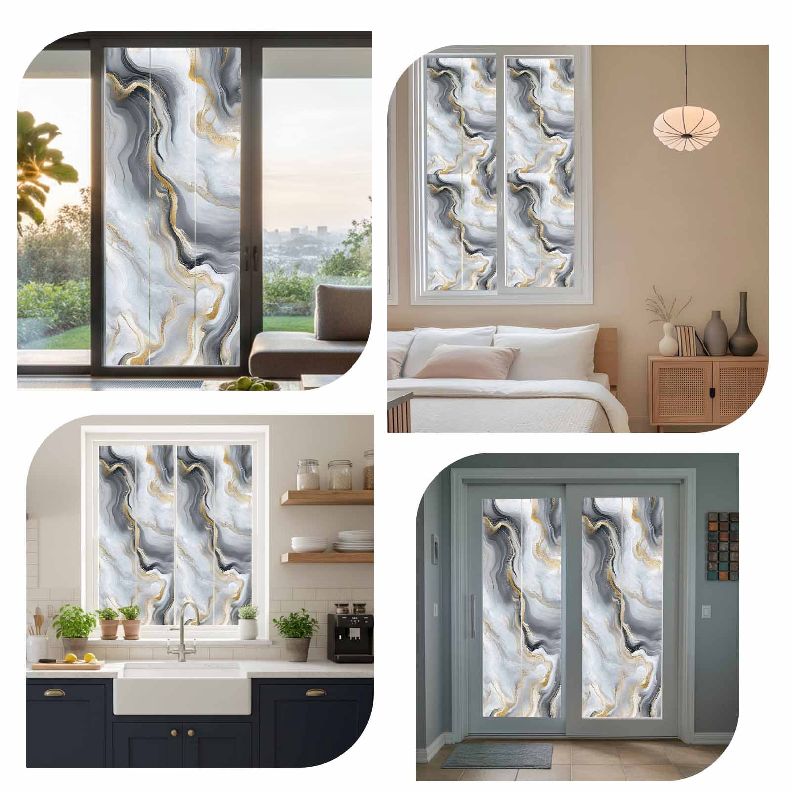 Abstract Marble Window Privacy Film Gradient Black White Gold Texture Decorative Glass Window Film UV Blocking Static Cling Non-Adhesive Sticker Covering for Home Door 35.4x78.7 inches