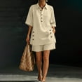 thumbnail image 5 of Cagogo Women Plus Size 2 Piece Shorts Set Casual Summer Cruise Outfits Loose Collared Short Sleeve Shirt Comfy Pants Matching Lounge Tracksuits Travel Airport Outfit Clothes, Khaki 2XL, 5 of 7
