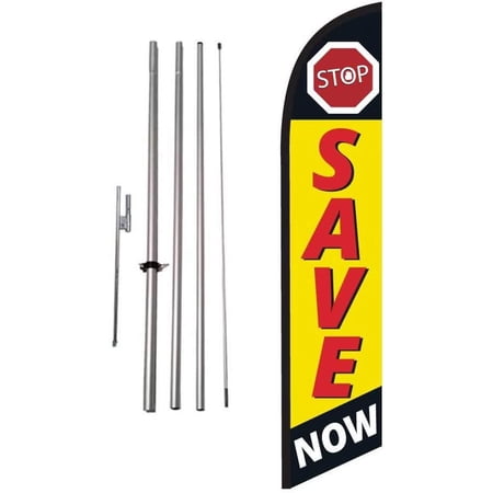 Stop Save Now Auto Dealership Advertising Feather Banner Swooper Flag Sign with Flag Pole Kit and Ground Stake