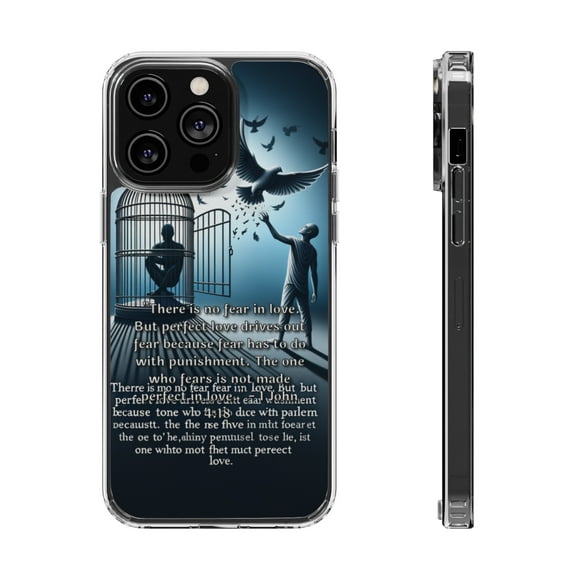 DistinctInk Clear Hybrid Case for Apple iPhone 14 Plus (6.7" Screen) - The Power of Perfect Love: 1 John 4:18 - Lightweight Grip