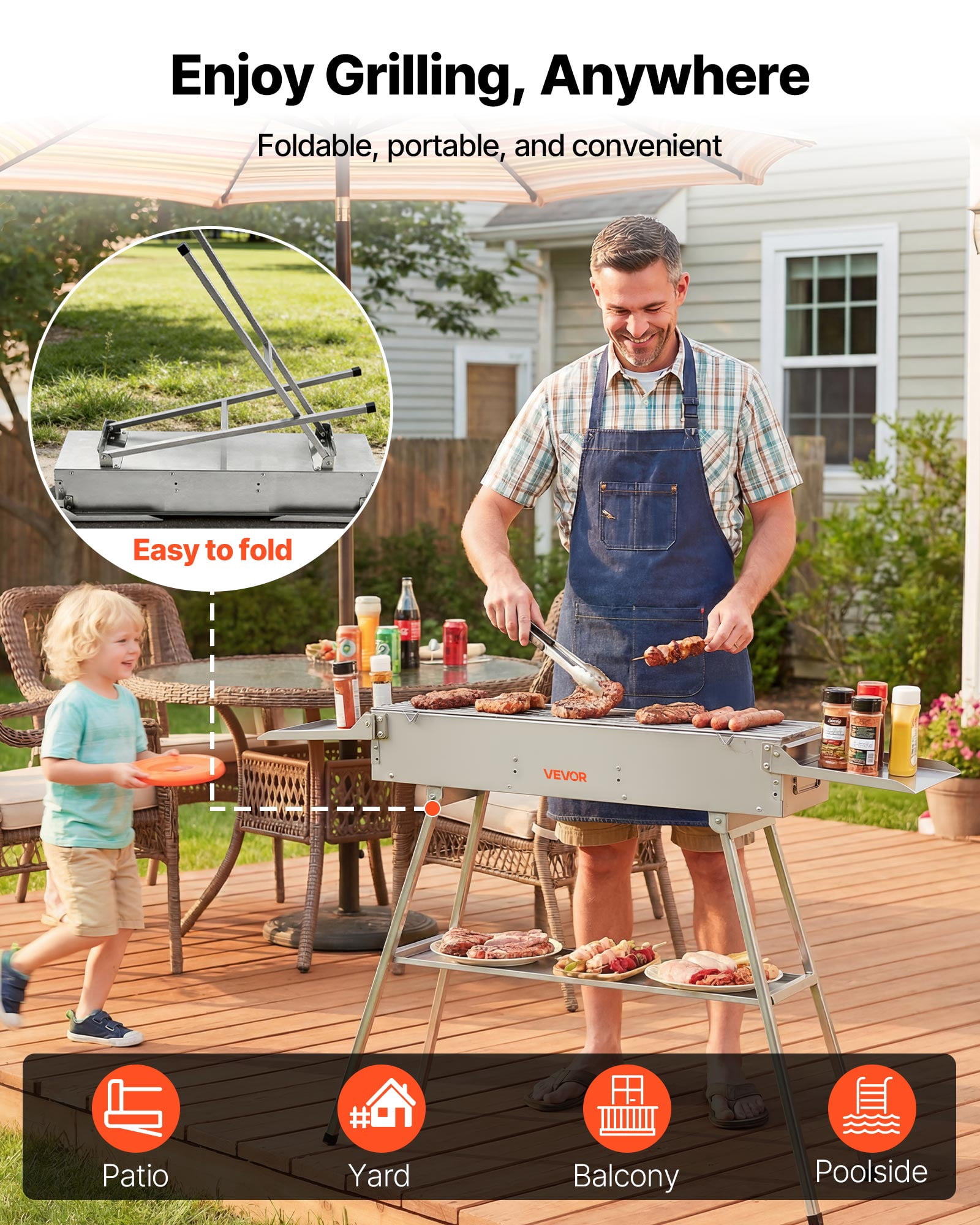 VEVOR Foldable Charcoal Grill, 250 sq.in. Portable Charcoal Barbecue Grill with Liftable Charcoal Tray & Side Tables, Brushed Stainless Steel BBQ Cooking Grills for Outdoor Camping Backyard Parties
