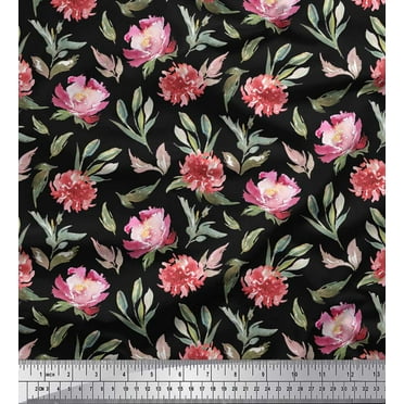 Soimoi Black Cotton Duck Fabric Leaves & Peony Floral Print Fabric by the Yard 42 Inch Wide