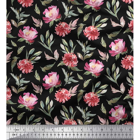 Soimoi Black polyester Crepe Fabric Leaves & Peony Floral Print Sewing Fabric Yard 42 Inch Wide