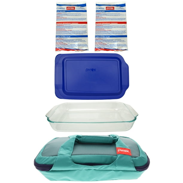 Pyrex 233 3qt Glass Baking Dish, 233PC Lagoon Blue Lid, (2) Large Cold/Hot Packs, & Portables