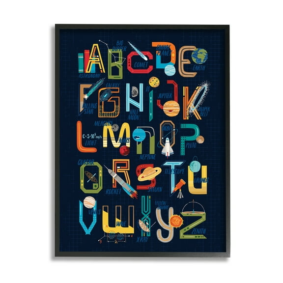 Stupell Industries Retro Outer Space Alphabet Blueprint Letter Chart Novelty Painting Black Framed Art Print Wall Art, 11 x 14