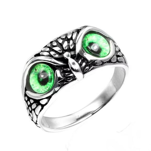 PAMTIER Men's Women's Vintage Animal Owl Head Gothic Biker Gemstone Ring Silver Green Size 7