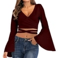 thumbnail image 7 of JGGSPWM Women Flare Bell Long Sleeve Tops Solid Shirts Crop Tunic Criss Cross Tshirts Vintage Y2K Fairy Pullover V Neck Blouse Wine M, 7 of 7