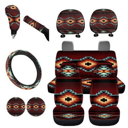 NETILGEN Aztec Tribe Style Geometric Pattern Car Seats Covers Full Set & Steering Wheel Cover Women & 2 Pcs Set Headrest Covers & Car Handbrake Cover Grip Handle & Cup Coasters Auto Smart Cover