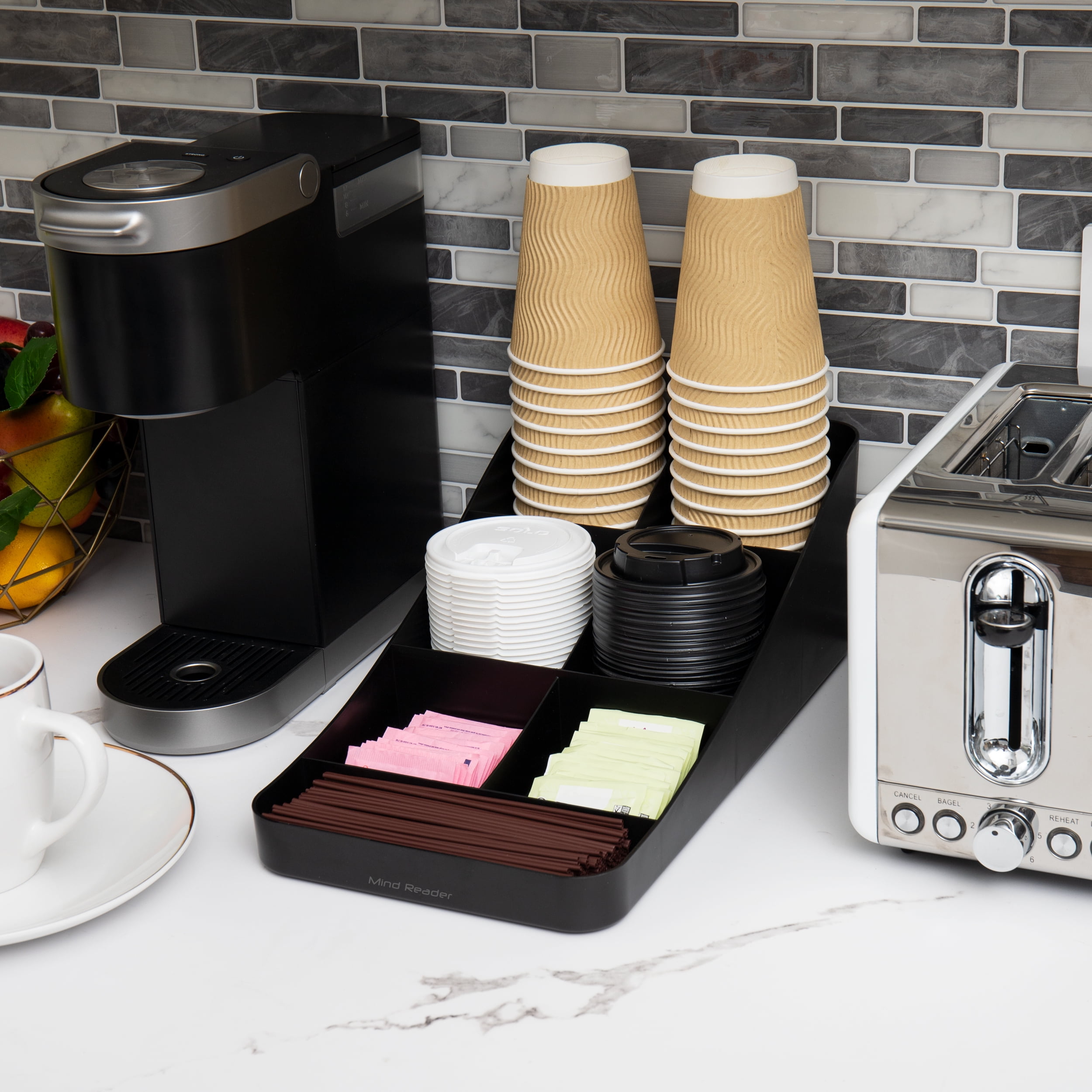 Mind Reader Plastic Cup and Condiment Station Countertop Organizer, 7.25"L x 15.5"W x 5.25"H, 2-Pack, Black