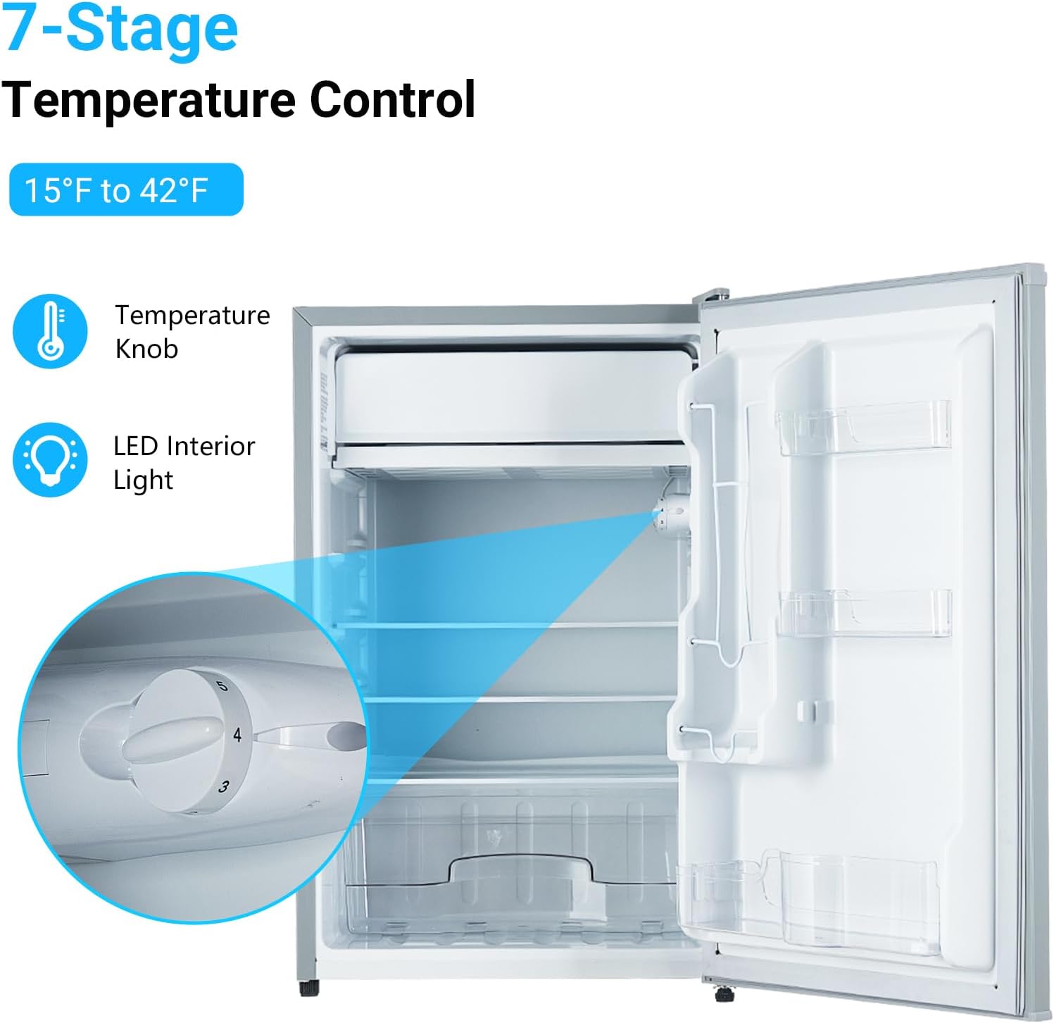 4.3 Cu.Ft Compact Refrigerator with Freezer, Single Door Mini Fridge with Adjustable Thermostat (7 Settings), Removable Shelf & Crisper Drawer, Energy Efficient & Quiet for Dorm, Office, Bedroom