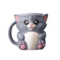 Plyzle Cat Shaped 3D Coffee Mug - Cute Pet Theme Tea Cup, Soft Textured Design, Home Decor & Gift, Gray, 5.3 Inches