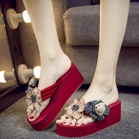 

HIMIWAY Sandals Women Slippers for Women Women Girls Cartoon Floral Wedges Flip Flops Sandals Slippers Beach Shoes Red 37