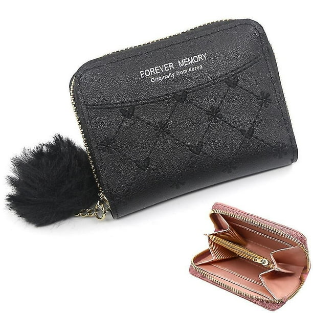 Monedero corto negro para mujer, cartera de cuero, tarjetero plegable, monederos pequeños, hebilla con cremallera, bolso de mano