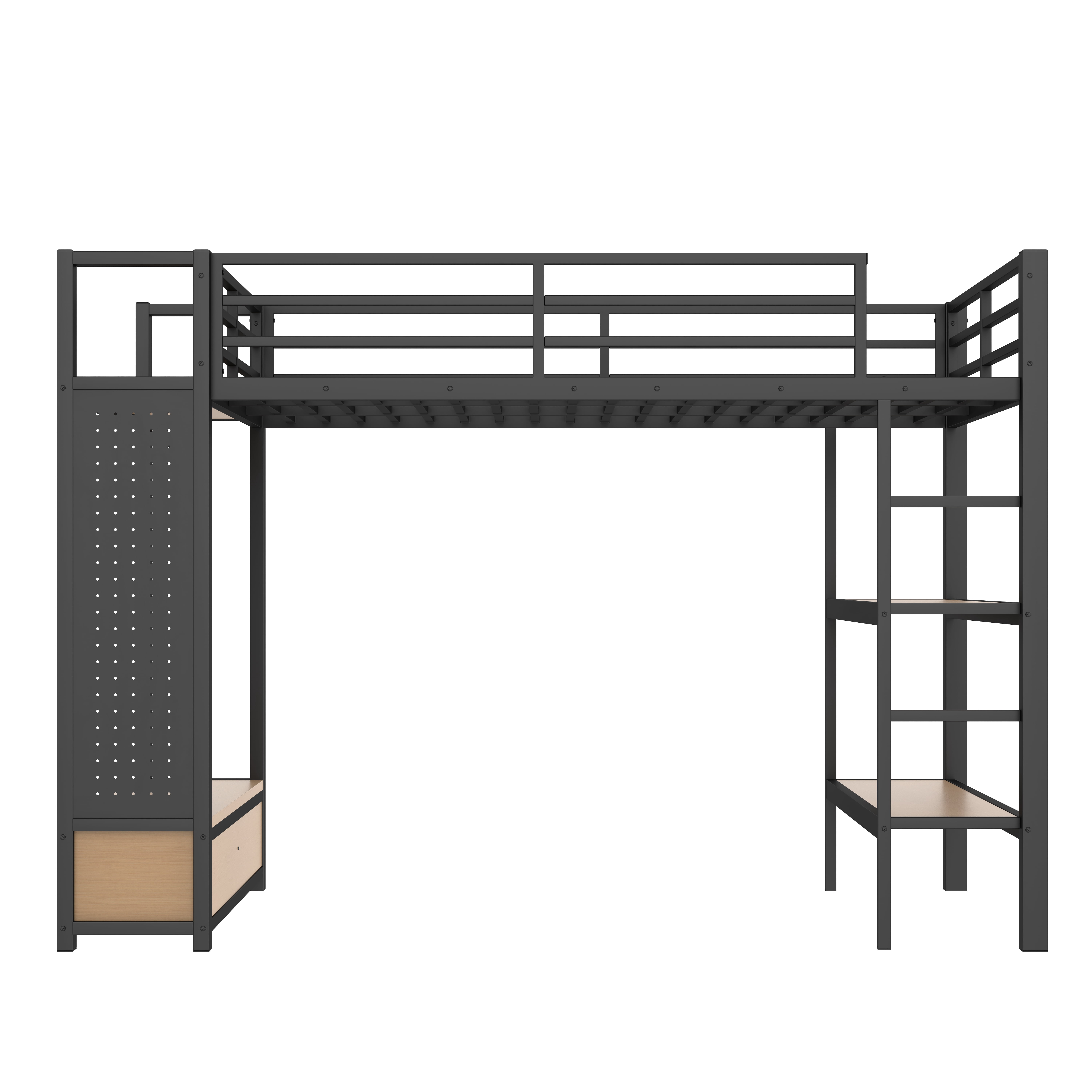Mintazer Full Size Loft Bed with Pegboard and Wardrobe, Metal Platform Storage Bed with 2 Drawers & 4 Shelves for Bedroom Dorm, Black