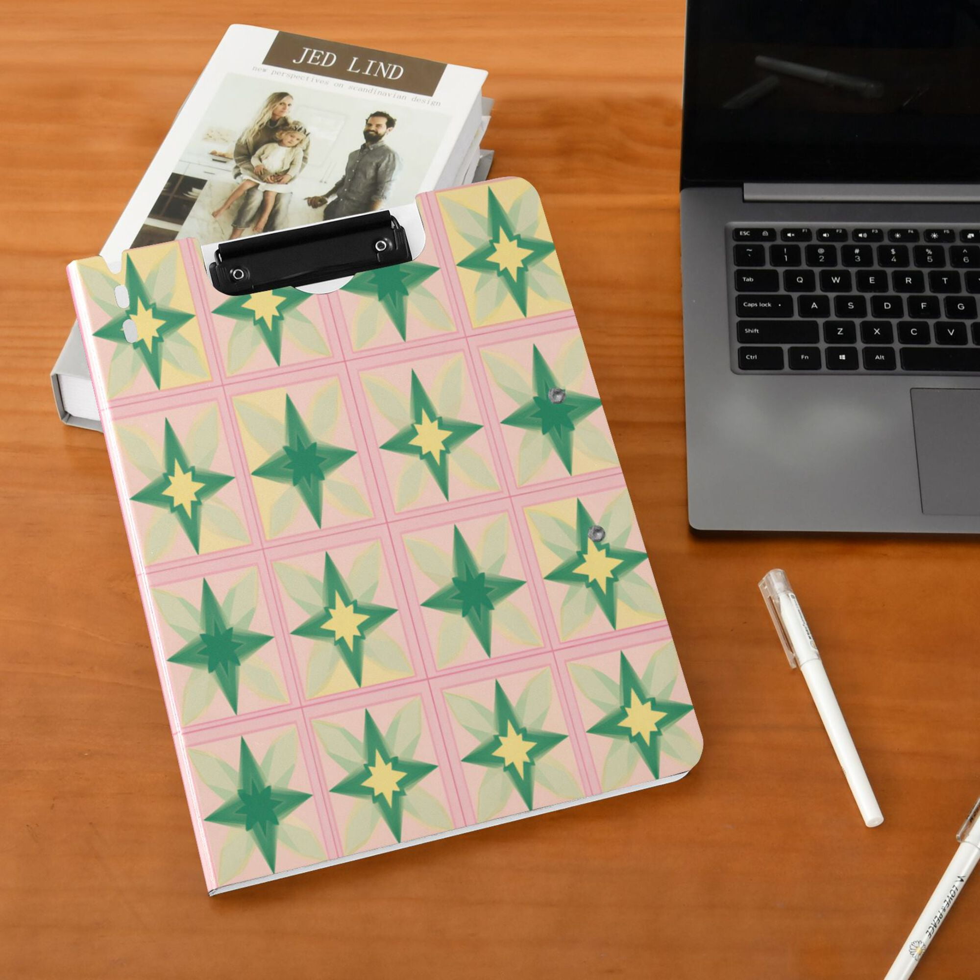 FORMRS A4 Clipboard Folder with Pen Holder Horizontal Foldable School Office Binder, Green Symmetrical Stars