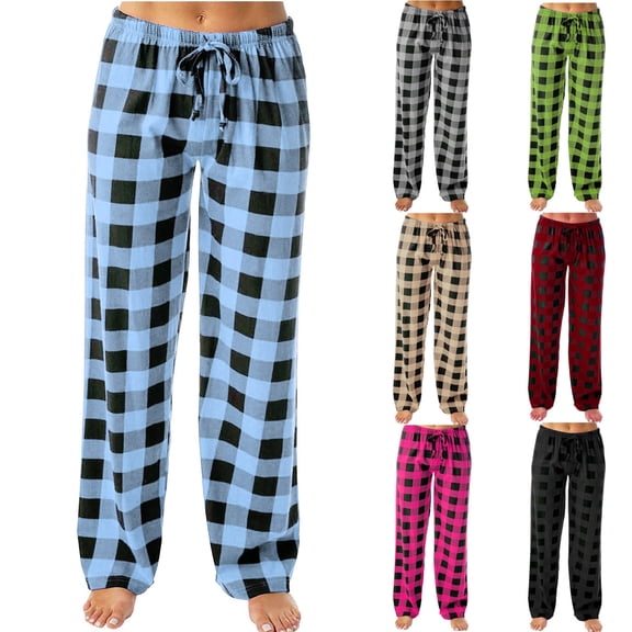2 Pack ylioge Plaid Pajama Pants for Women with Drawstring Elastic Waist Casual Straight Wide Leg Loose Comfortable Homewear Sleepwear Pajamas Trousers Pant