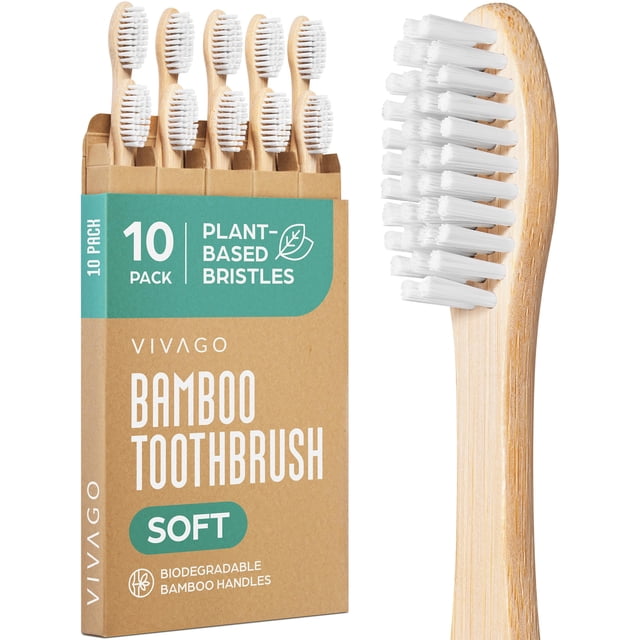Cepillo de dientes VIVAGO de bambú, pack de 10, cerdas suaves de origen vegetal