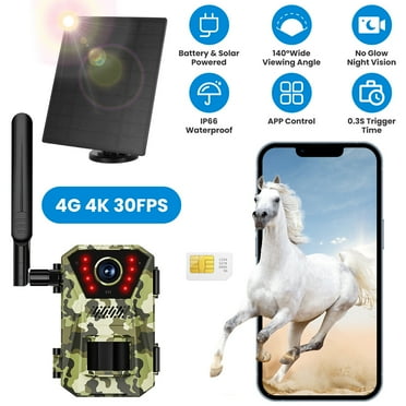 iMounTEK 4G 4K 30FPS Solar Trail Camera, Motion Activated Outdoor Wildlife Camera IP66 Waterproof with 140ºViewing Angle No Glow Night Vision SIM Card APP Control No WiFi Needed