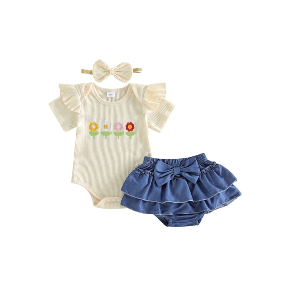 Loicainy Baby Toddler Girls 3 Piece Outfits 3 6 9 12 18 Months Adorable Flower Embroidery Short Sleeve Crew Neck Jumpsuit and Denim Shorts Headband Clothes Set