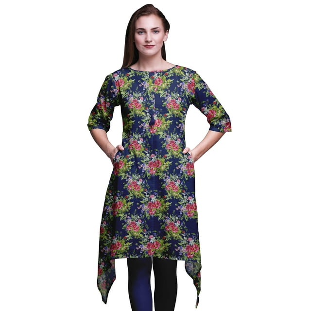 Bimba Kurti Asymétrique à Imprimé Floral Feuilles Bleues et Pivoines pour Femmes Robe d'Été Indienne Tunique Petit