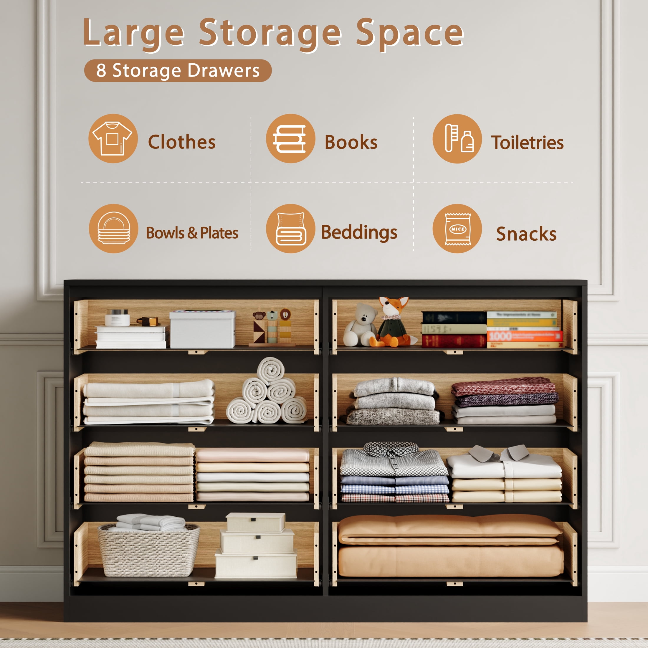 YouTrend Black 8 Drawer Dresser with for Bedroom,Modern Adult Fluted Wood Chest of Drawer with Golden Embedded Handles for Living Room,Hallway