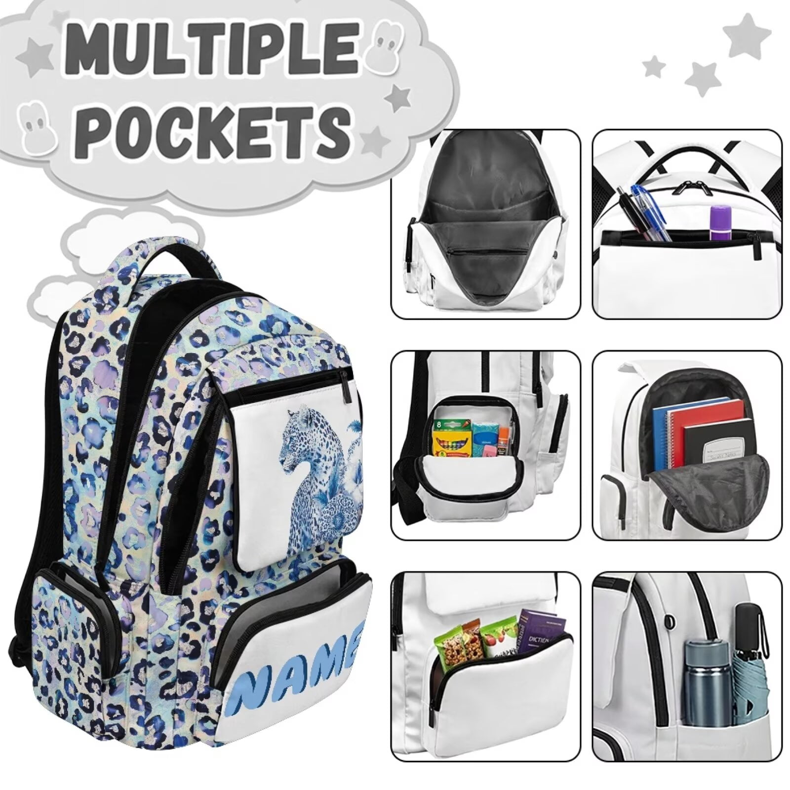 Chririnla Cool Leopard,Custom Name Print Backpack for School Girls Boys Waterproof Backpacks Kids 17 Inch Large Capacity Bookbag with Padded Straps Travel Camping Ruckpack Daily Use