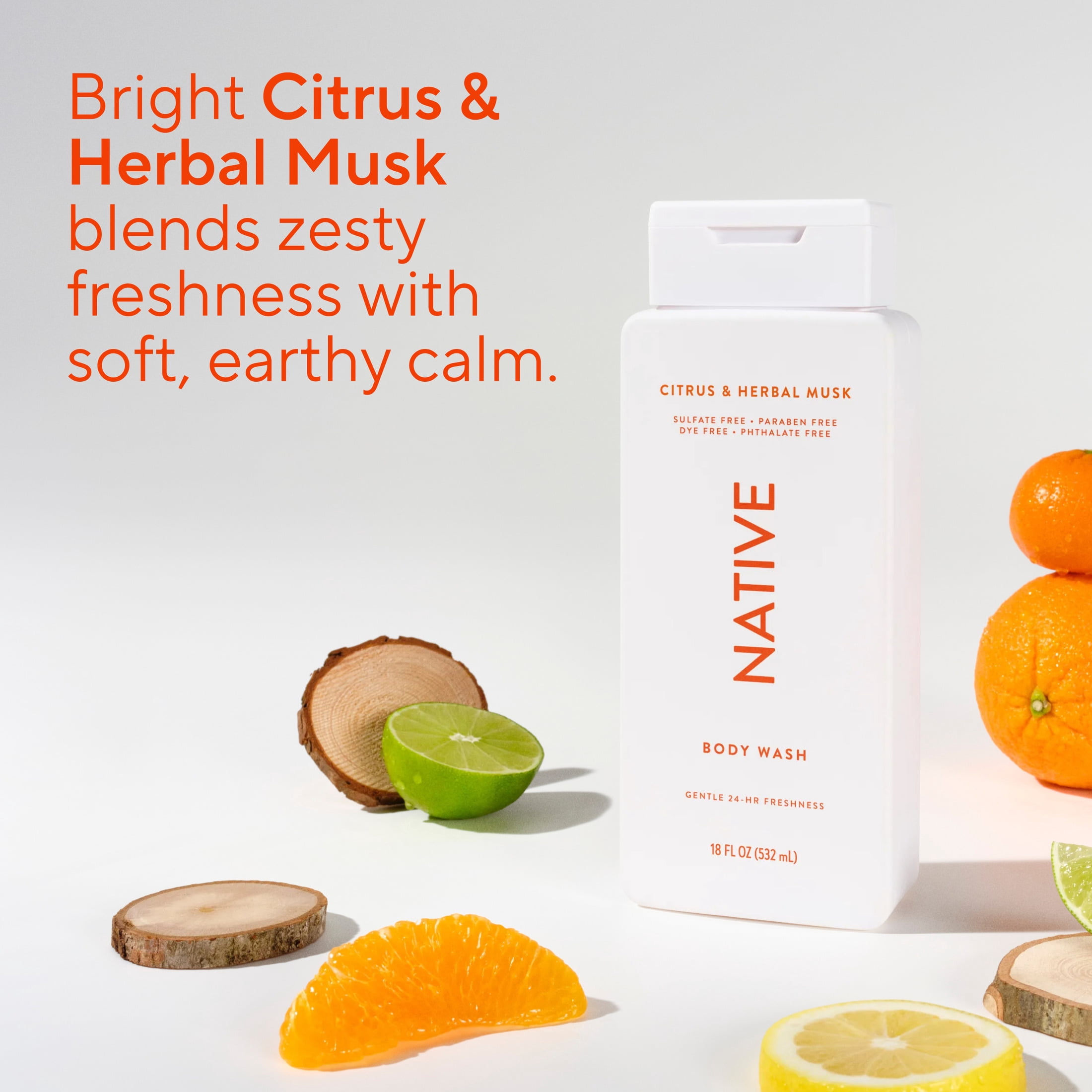 (6 pack) Native Body Wash, Sulfate Free, for Women & Men, Citrus & Herbal Musk, 18 fl oz