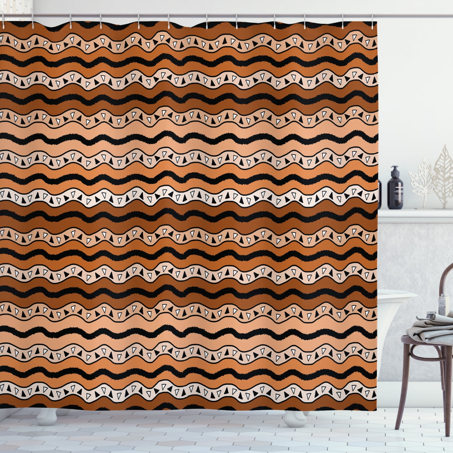 Zambia Shower Curtain, Tribal Pattern with Wavy Lines Geometric