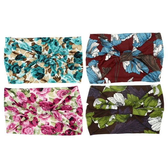 Unique Bargains 4pcs Fashion Bohemia Printed Wide-side Knotted Headwrap for Women Blue Pink Brown Green