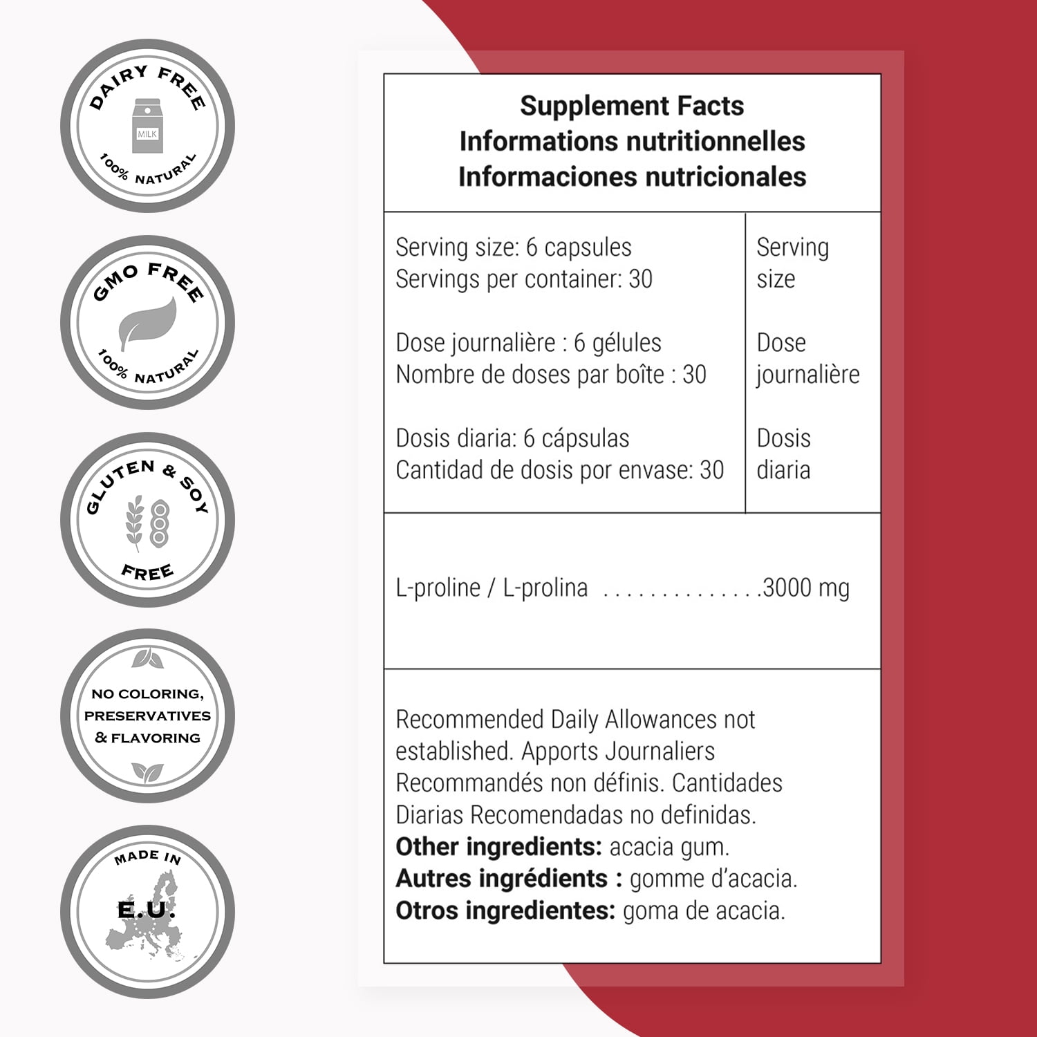 SuperSmart - L-Proline 3000 mg per Day - Amino Acids Supplement - Collagen Production - Skin & Joint Support | Non-GMO & Gluten Free - 180 Vegetarian Capsules
