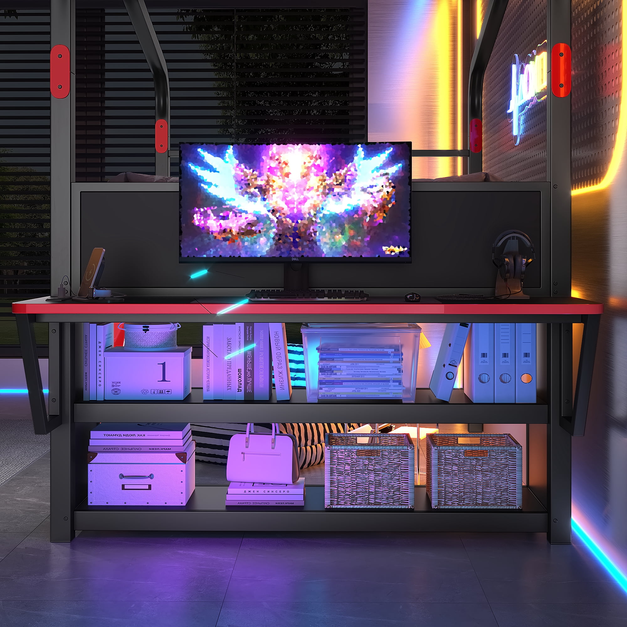 Leumius Full Size Low Loft Bed with Side Desk and Usb Ports, Gaming Style Metal Loft Bed with Led Lights, Storage Cabinets and Chic Canopy Design for Bedroom Guests Black