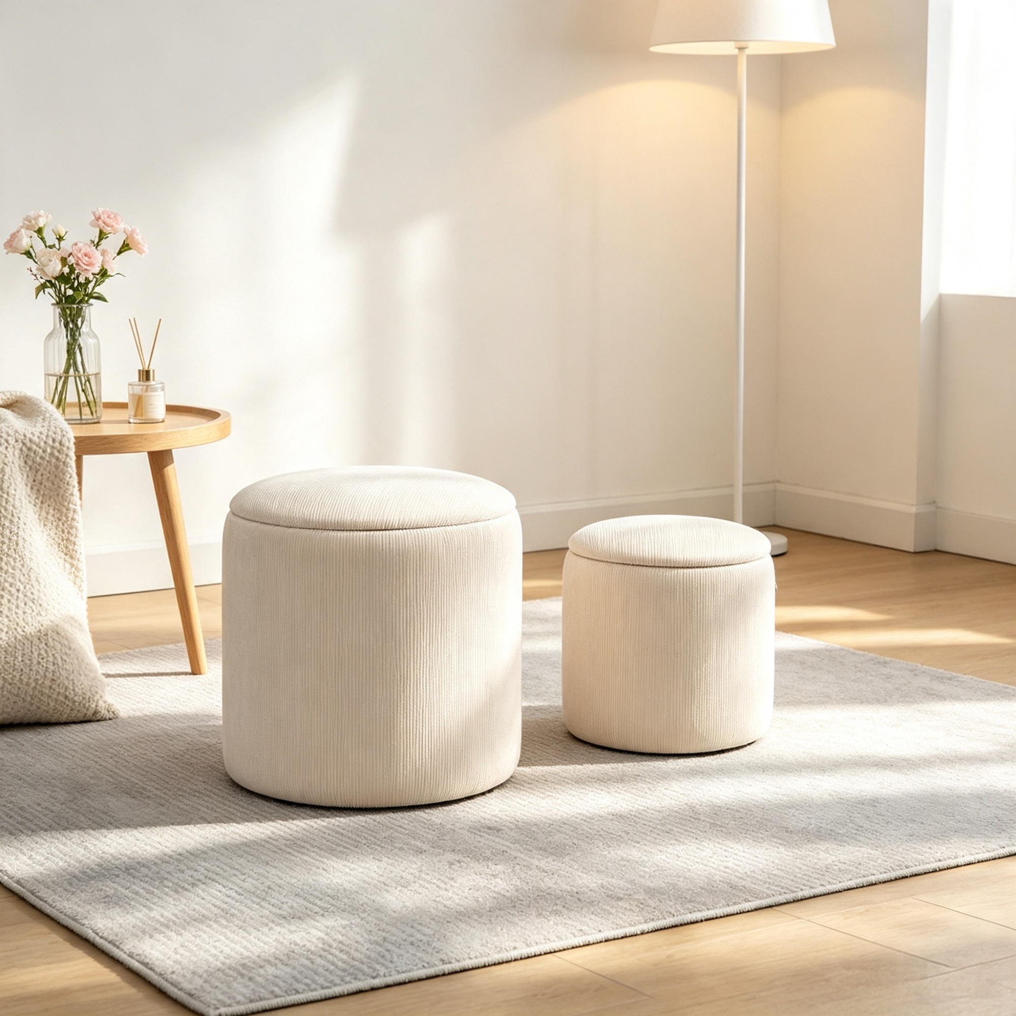Cream White 2-Piece with Storage Stool, Removable Wood Lid, Hidden Space