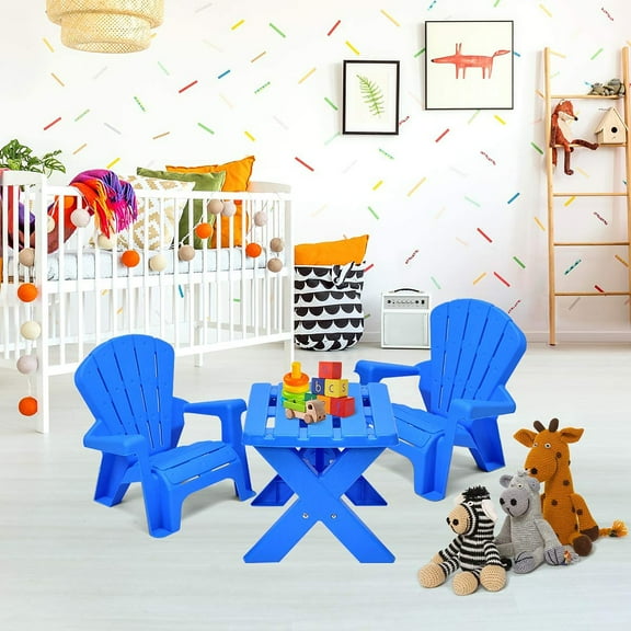 Costway Plastic Children Kids Table & Chair Set 3-Piece Play Furniture In/Outdoor Blue