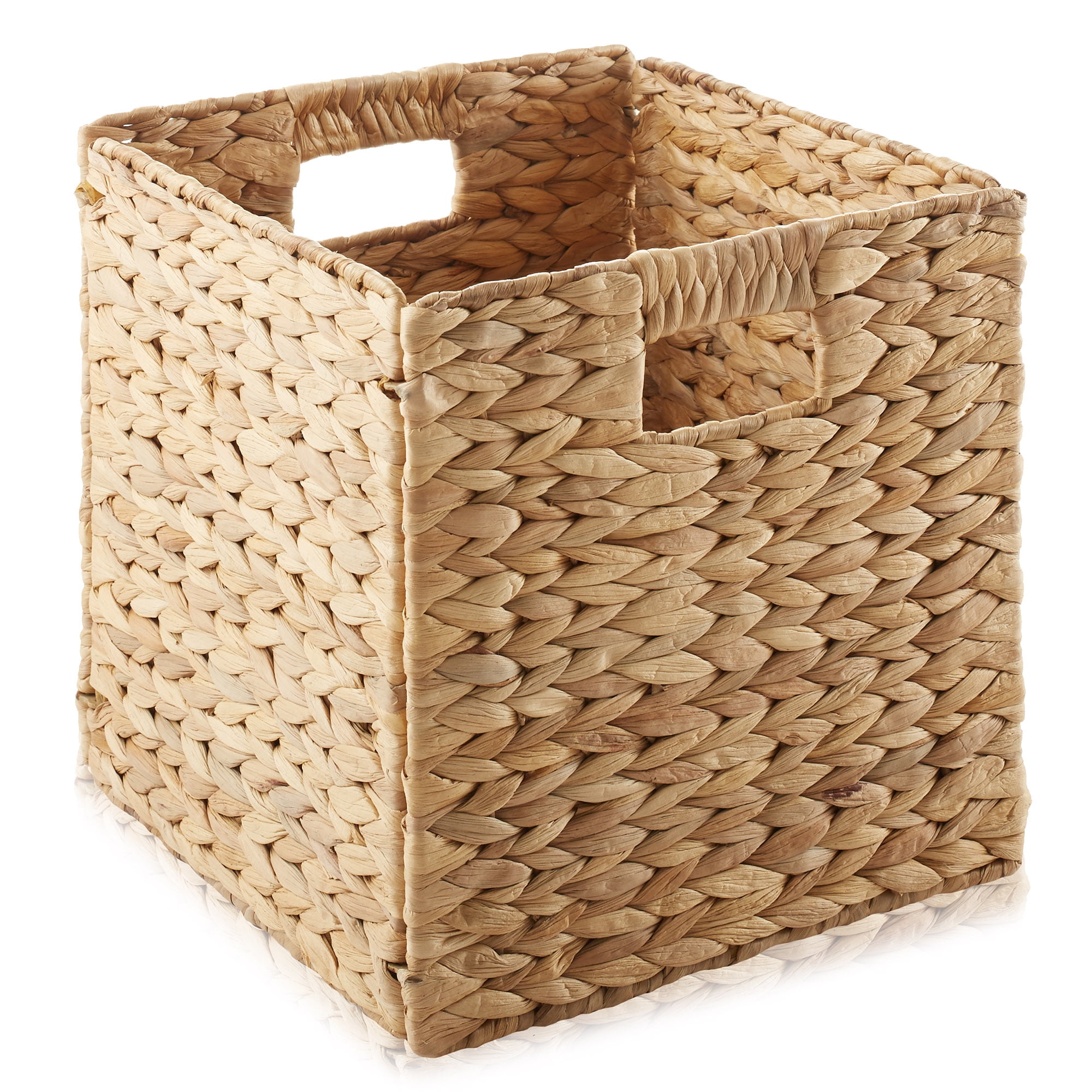 Casafield 10.5" x 10.5" Water Hyacinth Storage Baskets, Natural - Set of 2 Collapsible Cube Organizers, Woven Bins for Bathroom, Bedroom, Laundry, Pantry, Shelves