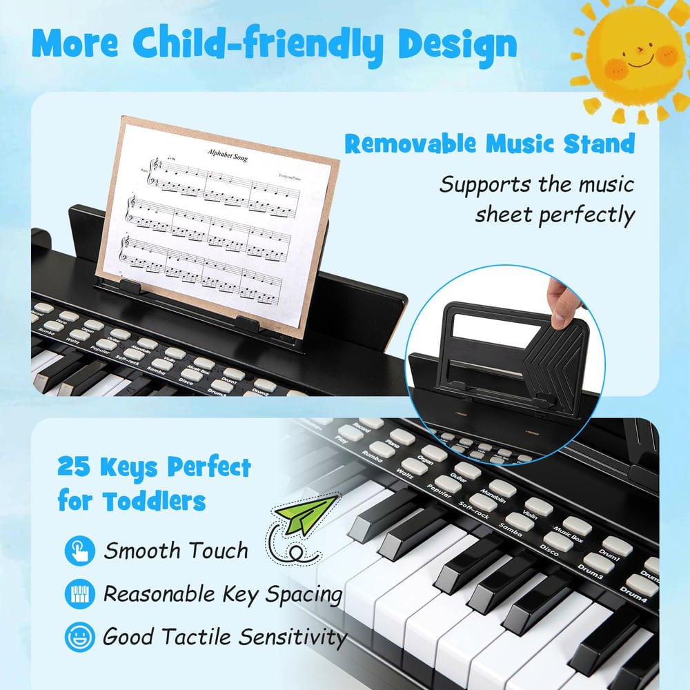 Resenkos 25-Key Kids Piano Keyboard with Speed & Volume Control - Black